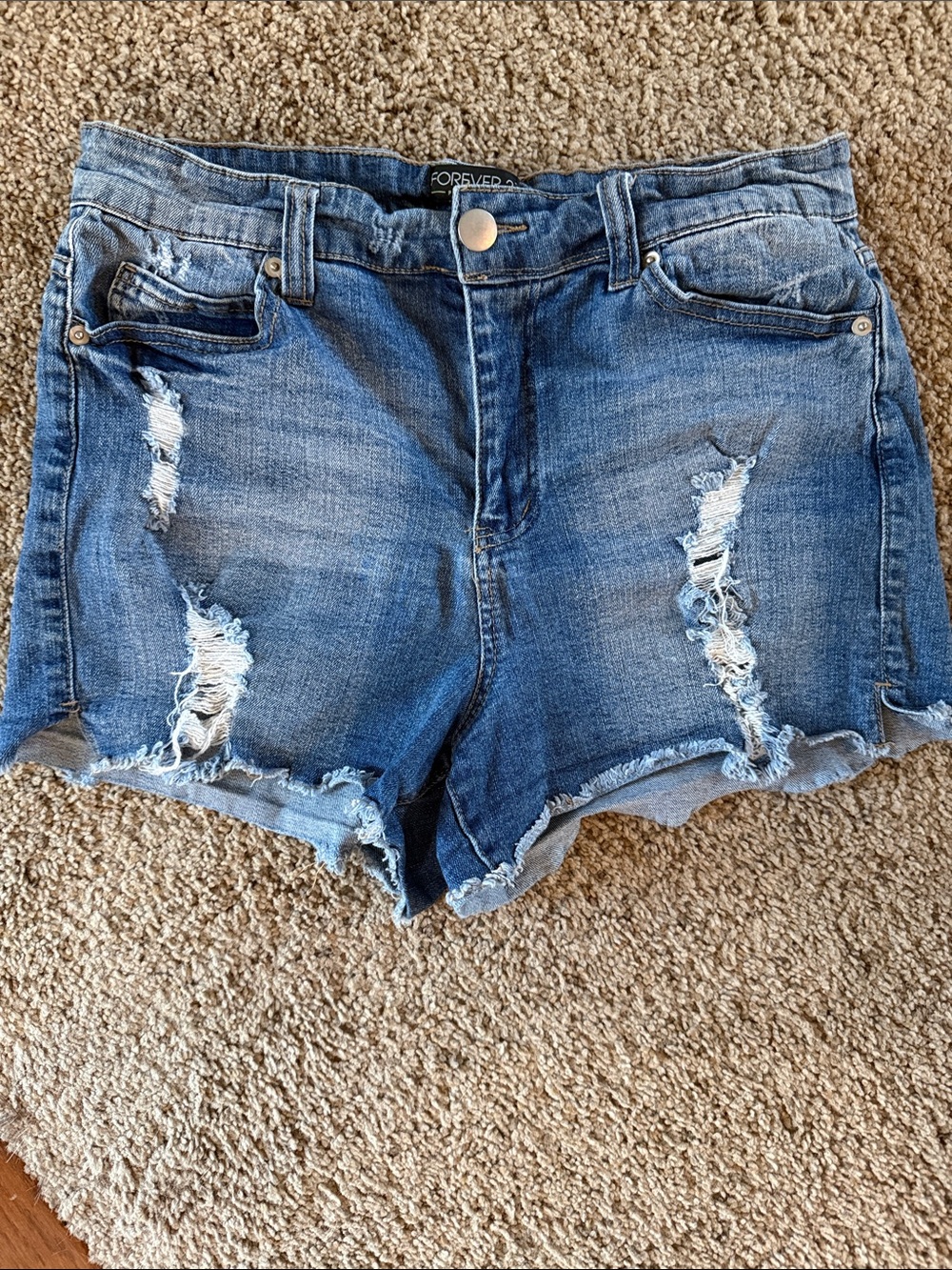 Forever 21+ Ripped Medium Blue Denim Shorts